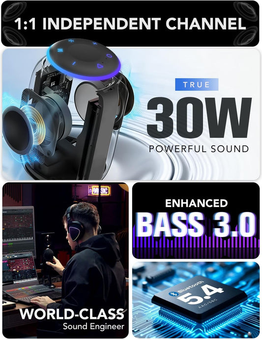 Portable Bluetooth Speaker x Stocking Stuffers, Bluetooth 5.4 Speaker, 30W Dual Speaker, 2.0 Channel, Deep Bass, 30H Playtime, Colorful RGB Lights, IPX7 Waterproof, White Elephant Gifts for Adults