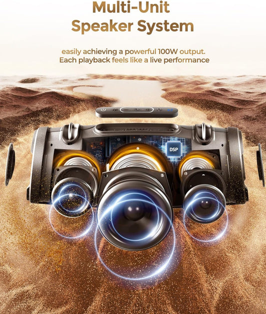 120W Max Portable Speaker Loud Wireless Bass Booster with RGB Lights, IPX6 Waterproof Outdoor Large Big Subwoofer, Dual DSP, Indoor/Outdoor for Camping, Party/24H/TF/AUX/EQ (Black)