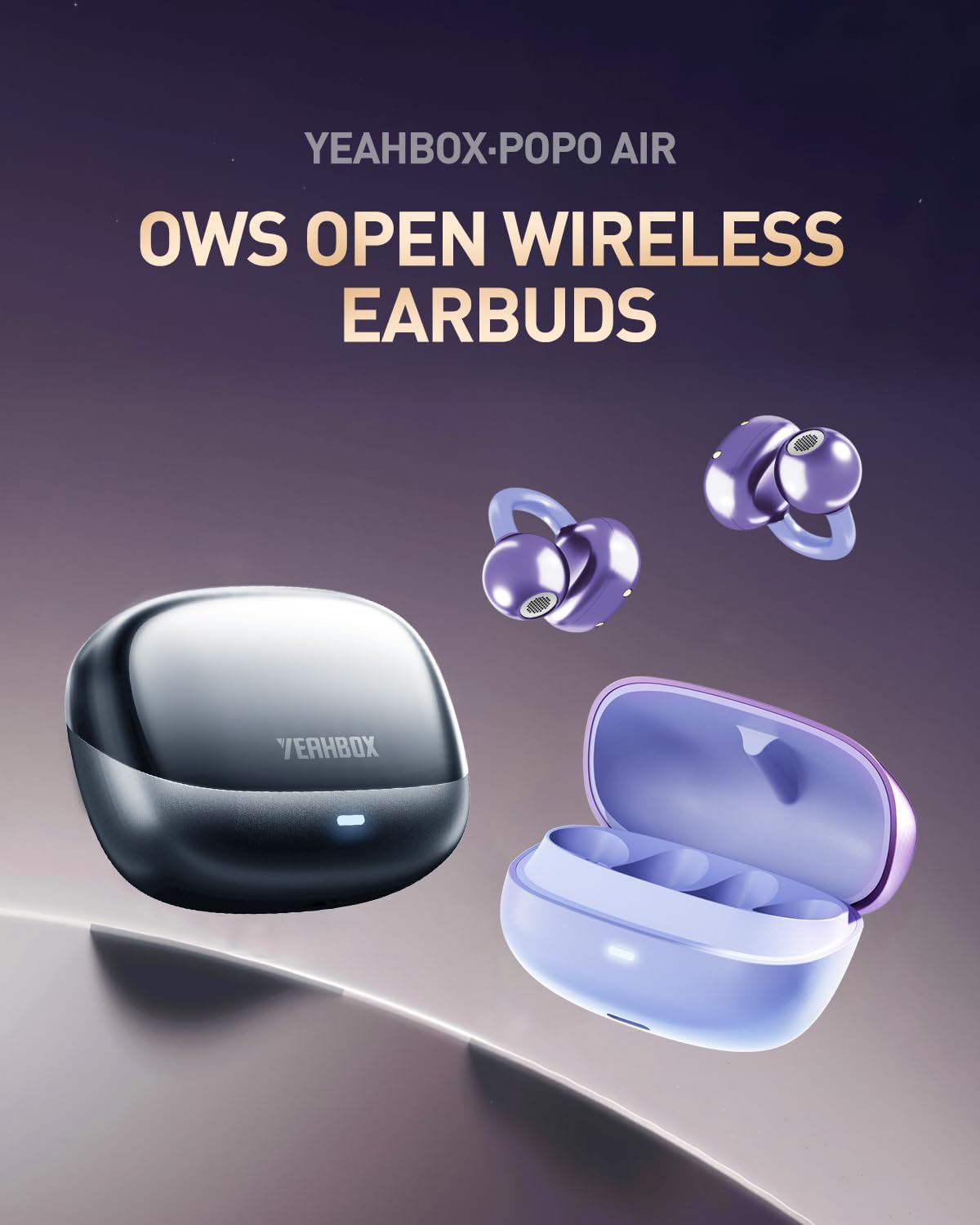 Popo Air Open Headphones, Open-Ring Comfort with Tri-Curve Snug Clip, Powerful Sound with Super Bass, 4-Mic Clear Calls, IP55 Waterproof, 32H Playtime, Lightweight (Purple)