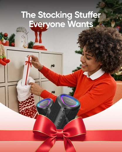 Portable Bluetooth Speaker with Lights, Stocking Stuffers, Powerful Crystal Clear Sound, IPX5 Waterproof, All Day Playtime, BT 5.3, TWS Paring, Small Wireless Speaker for Outdoor, White Elephant Gifts
