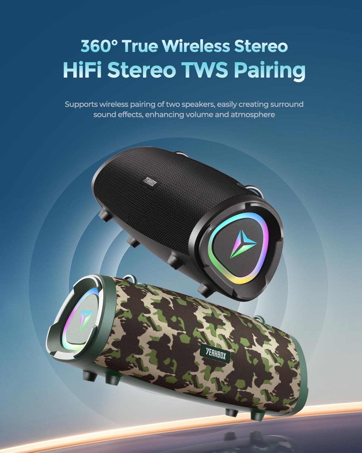 120W Max Portable Speaker Loud Wireless Bass Booster with RGB Lights, IPX6 Waterproof Outdoor Large Big Subwoofer, Dual DSP, Indoor/Outdoor for Camping, Party/24H/TF/AUX/EQ (Black)