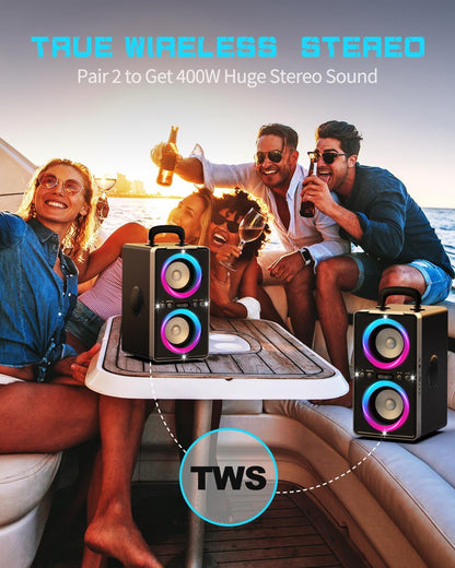 Bluetooth Speaker, 200W Peak Loud Stereo with Big Bass, 20H Playtime, TWS, Fast Charging, Portable Handle, Wireless Large Boombox Bocina with LED Light for Party Outdoor Backyard Camping