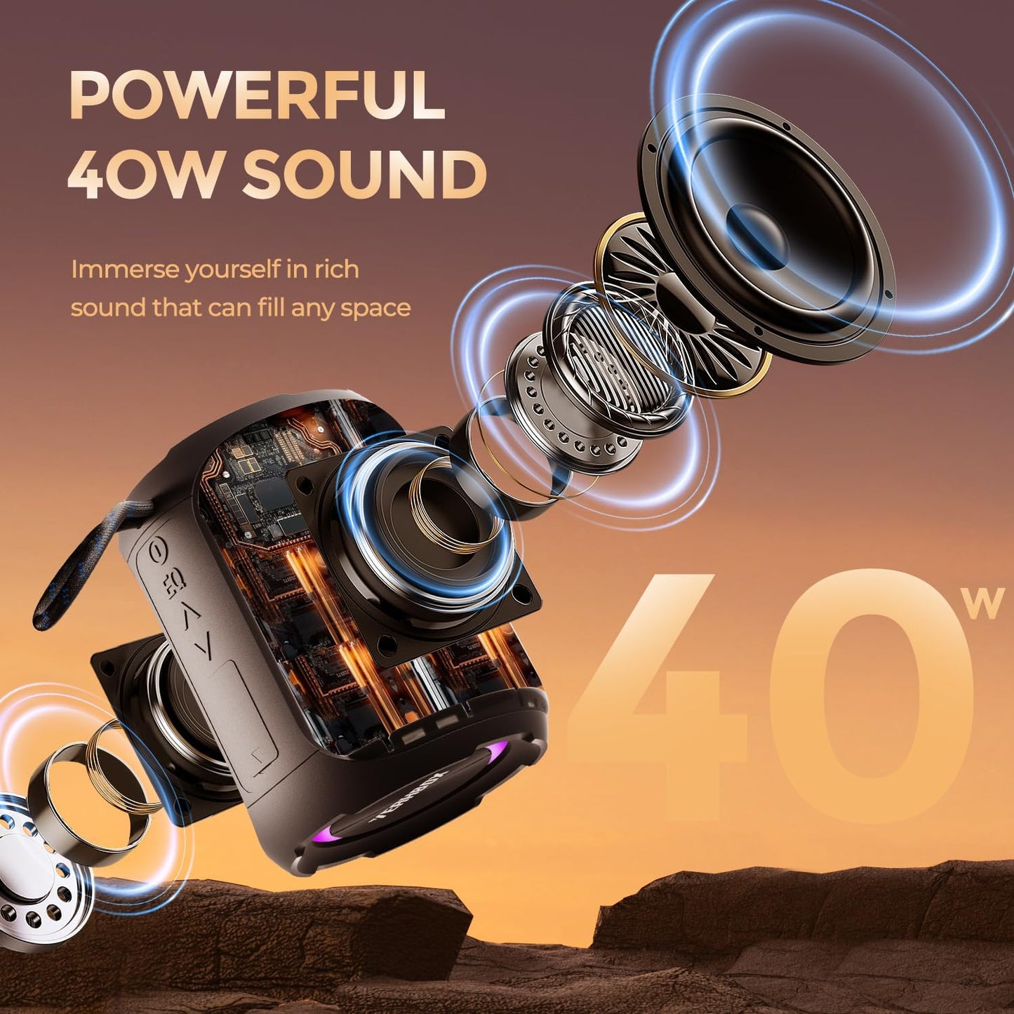 Portable Bluetooth Speaker with Stereo, IPX7 Waterproof, Bluetooth 5.3 with 4-in 1 BT/Aux/TF-Card/U Disk Input, 40W Wireless Speaker for Outdoor/Home/Party/Electronic Gadgets