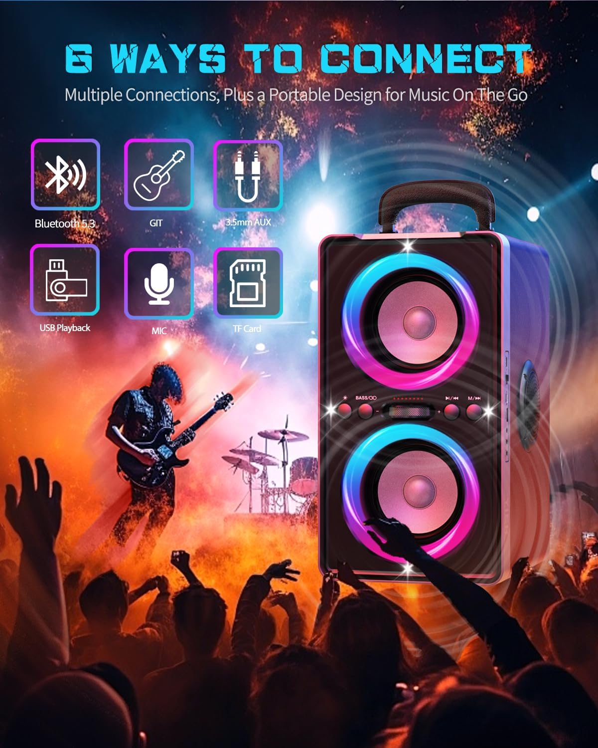 Bluetooth Speaker, 200W Peak Loud Stereo with Big Bass, 20H Playtime, TWS, Fast Charging, Portable Handle, Wireless Large Boombox Bocina with LED Light for Party Outdoor Backyard Camping