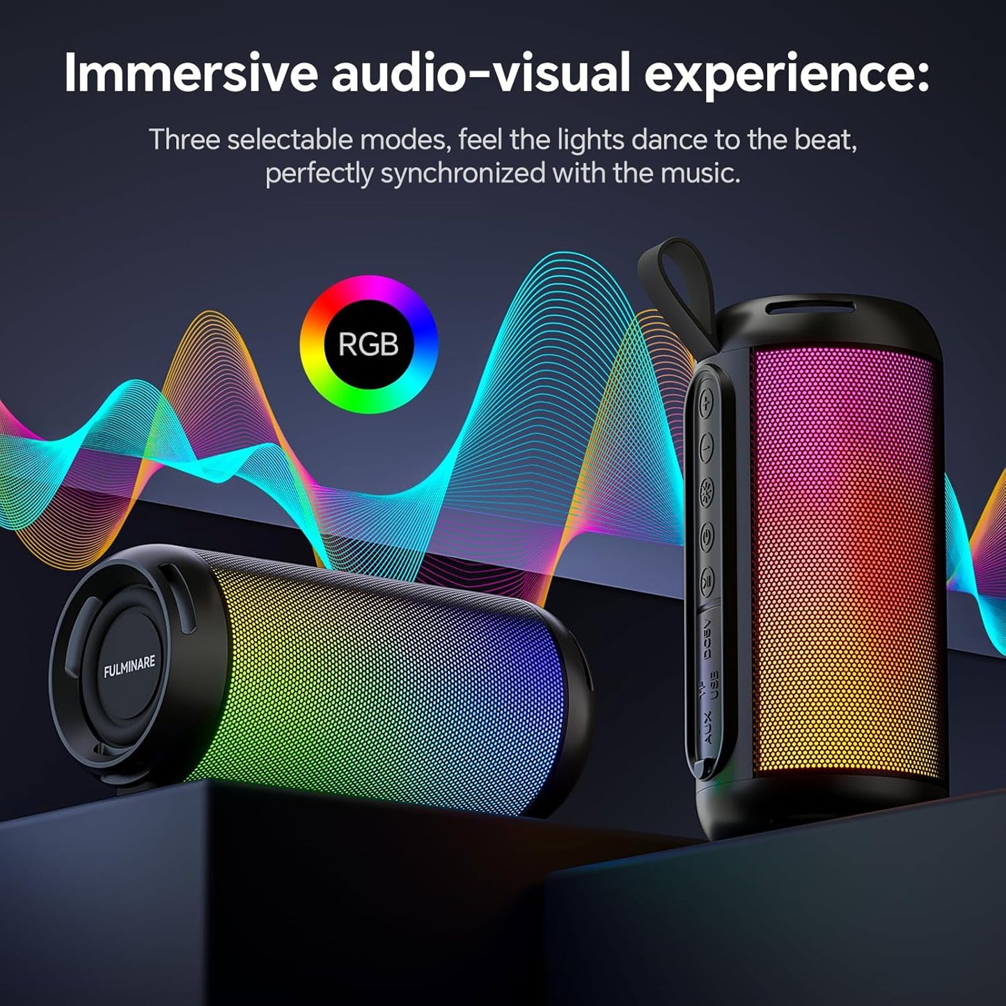 FULMINARE Portable Bluetooth Speaker with 26W HD Sound, Speakers Bluetooth Wireless 6.0, AUX&TF-Card&USB Input, LED Lights, IPX5 Waterproof, 16H Playtime for Home/Outdoor/Party, Birthday Gift (Black)